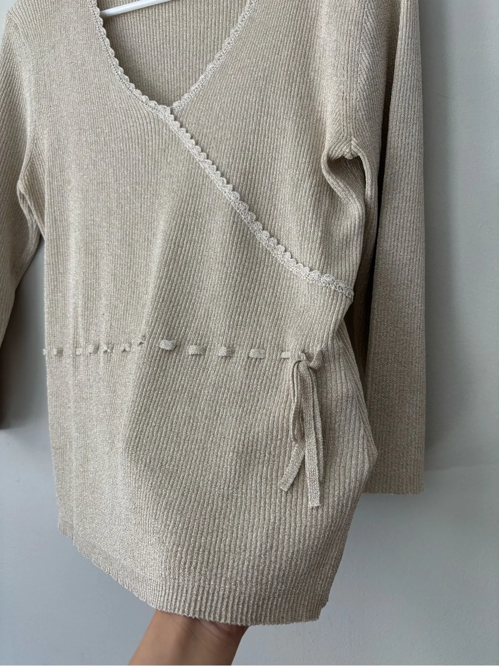 Y2K Fairycore Silk Cream Ribbed Knit Wrap Top Lace Cottage Blouse Small - Medium